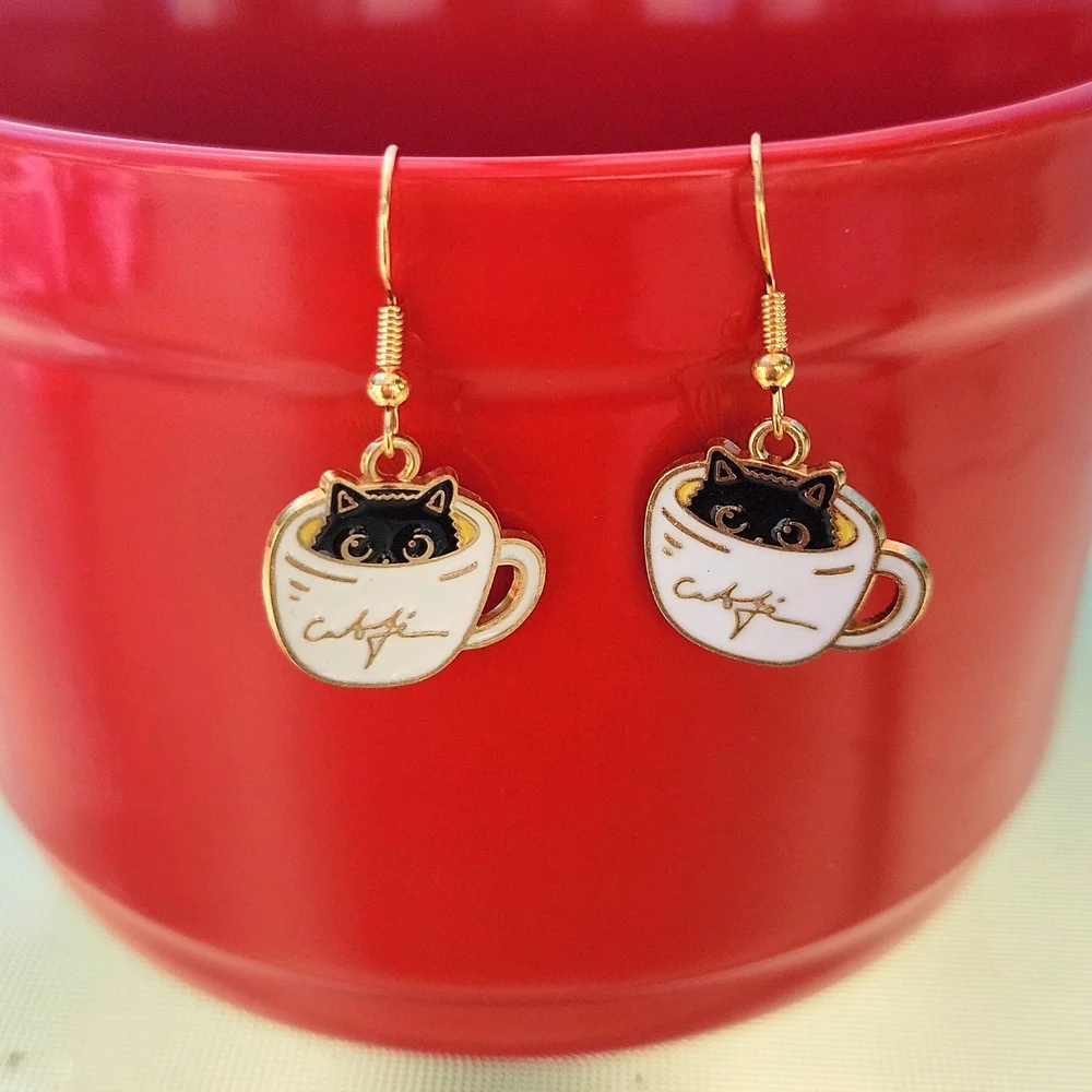 Cat Coffee Cup Dangle Earrings White Black 1.57 Inch Drop Pierced Ears New